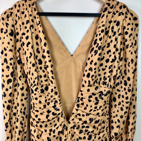 Puff sleeve leopard printed silk ruffle mini dress - size 0 - Modern 80s style - Picture 9 of 16